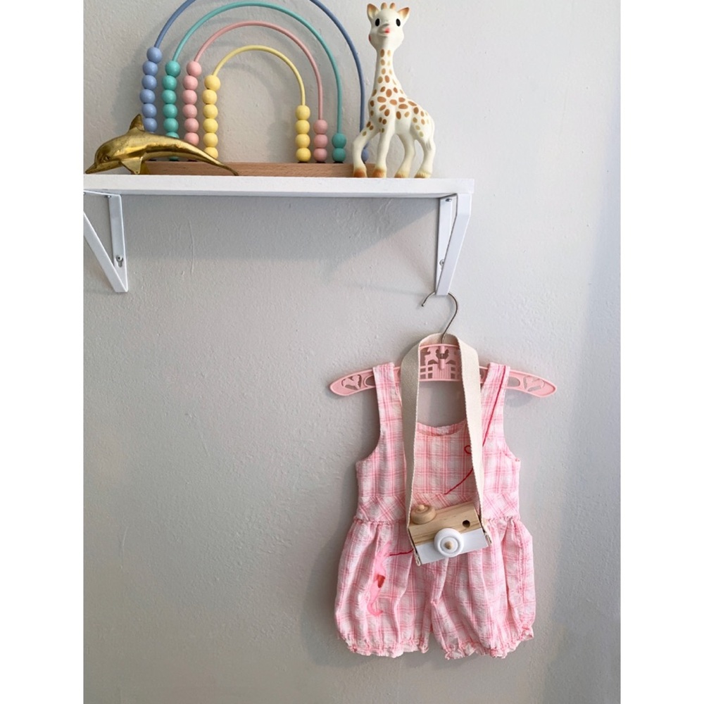 VINTAGE Baby Girl Romper - Pink Plaid with Seahorse - 6 months